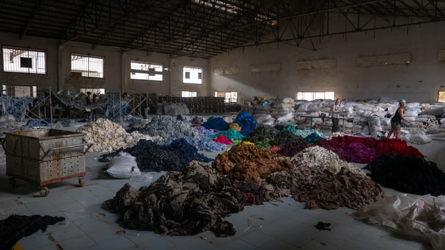Clothing in an abandoned factory.