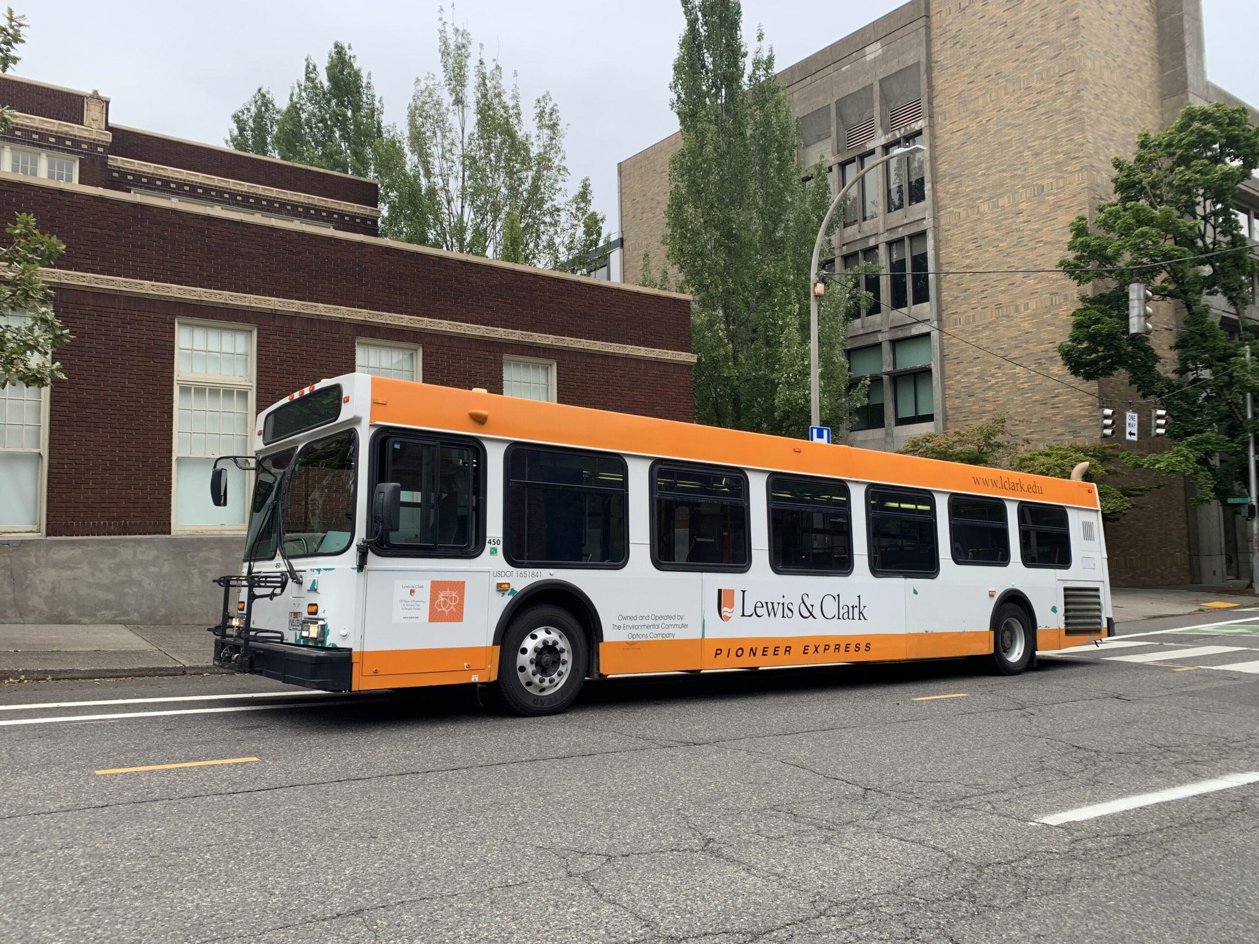 A shuttle bus commuting in downtown Portland, Oregon.