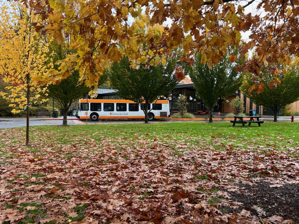 A commuter bus driving through Portland Oregon.