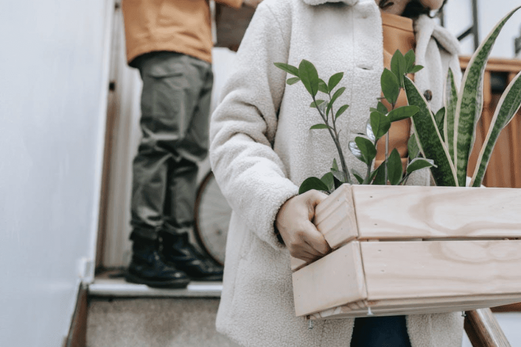 woman in white coat carrying a box of plants