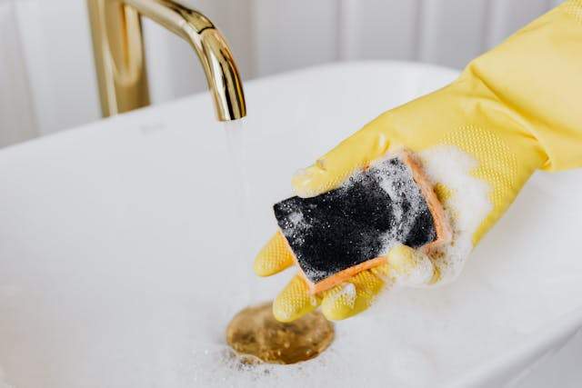 Person cleaning sink with detergent and sponge.