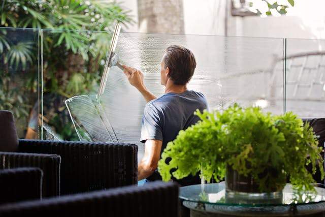  Man, cleaning glass.