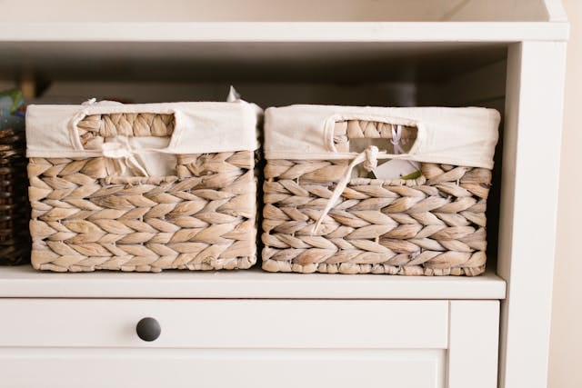 Natural fiber baskets used for eco-friendly and organized home storage.